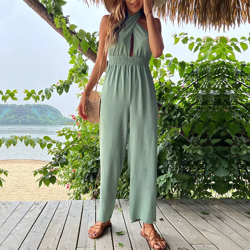 Women High Street Green Jumpsuits Chic Halter Sleeveless Sexy Hollow Out Jumpsuits Ladies Fashion Slim Backless Romper Lace Up