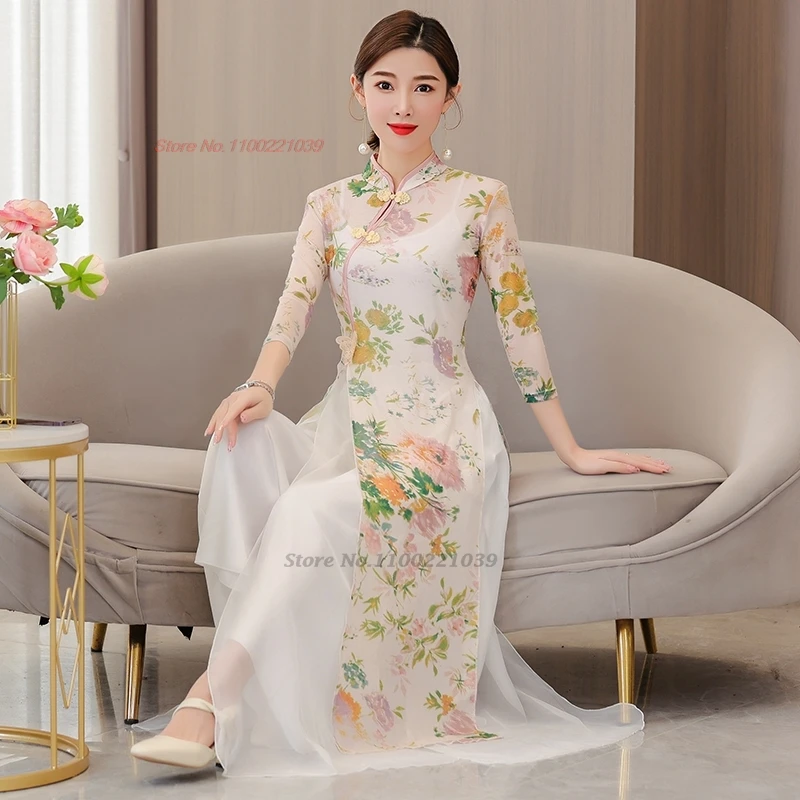 2025 chinese vintage dance dress national flower print mesh qipao dress+pants set oriental stage performance practice dress