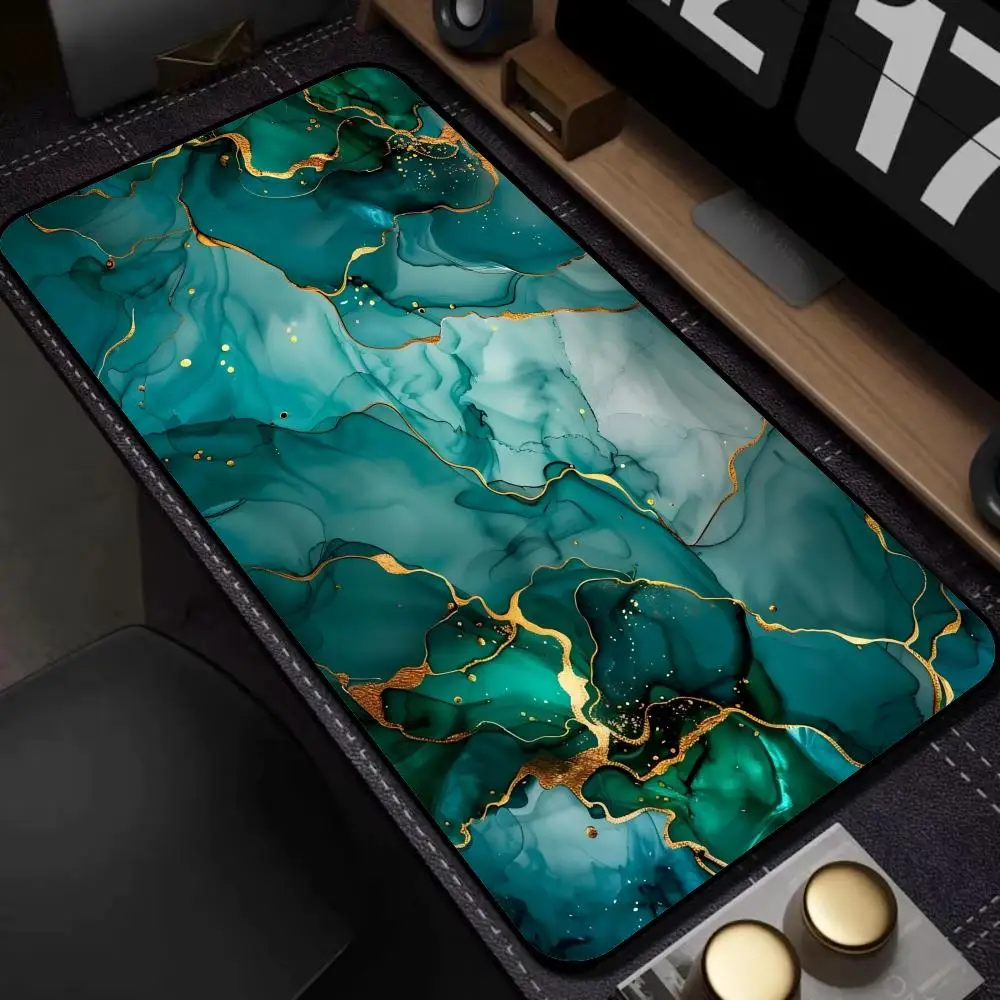 Green Gold Marble Texture Large Mouse Pad, Non-slip Desk Mat, Luxury Emerald Ink Marbling Gold Foil Extended Gaming Keyboard Pad