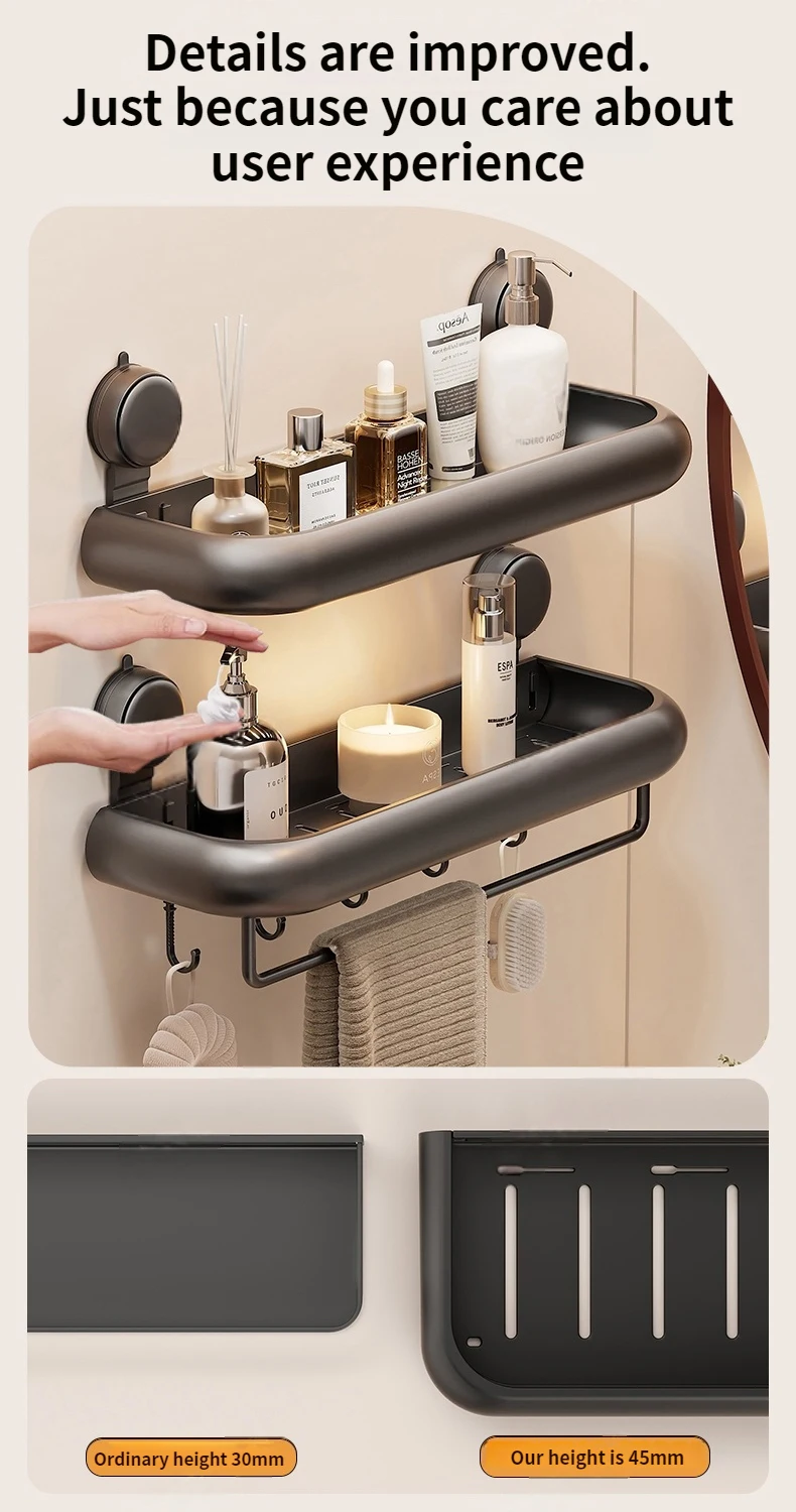Suction Cup Bathroom Towel Rack Space Aluminum Wall-Mounted Minimalist Multi-Functional Storage Shelf No Drilling Required