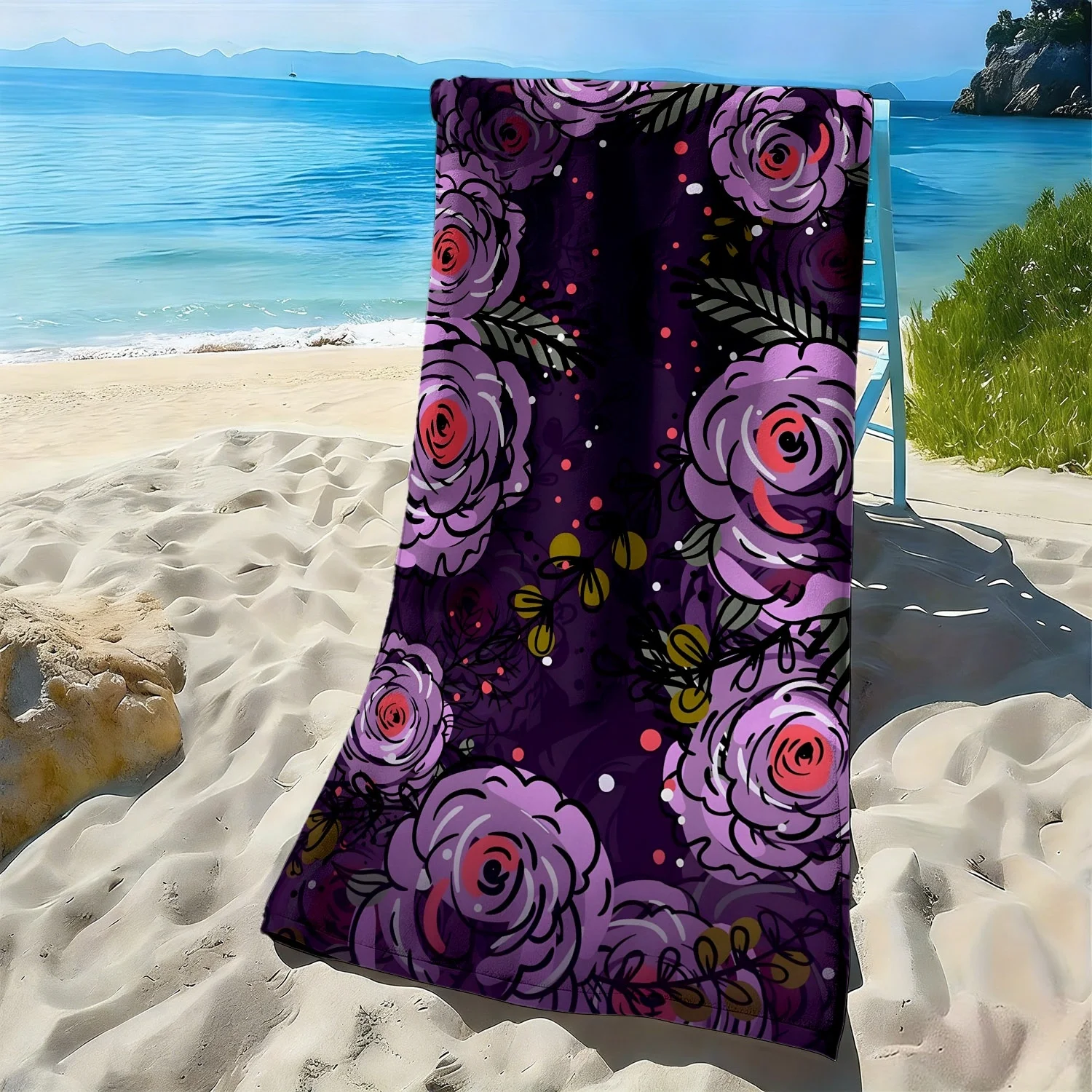 

Retro floral purple rose pattern polyester microfiber beach towel is highly absorbent, suitable for swimming and beach outings