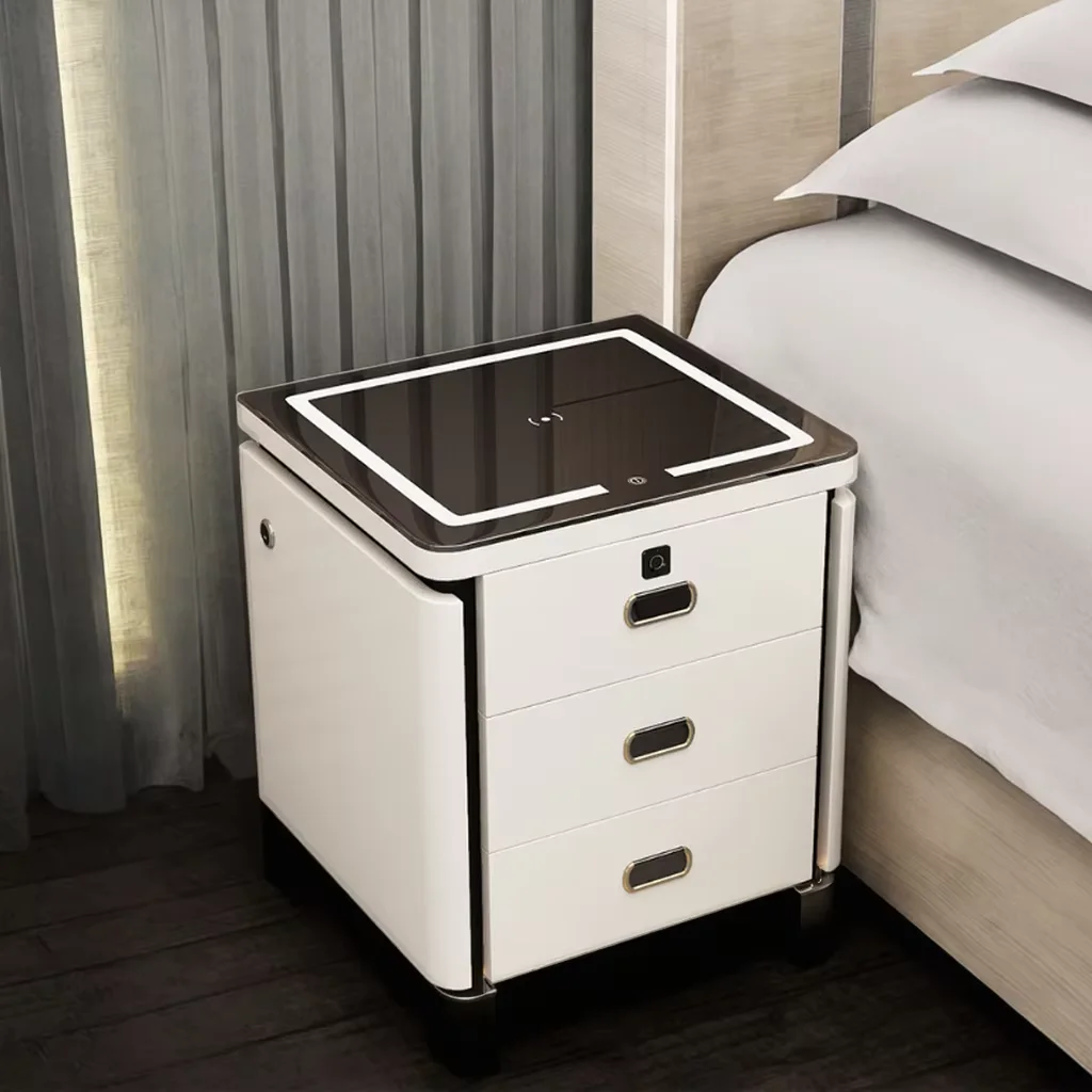 مصباح LED ذكي حديث بجانب السرير، منضدة خشبية متعددة الوظائف مع قفل بصمة الإصبع #5