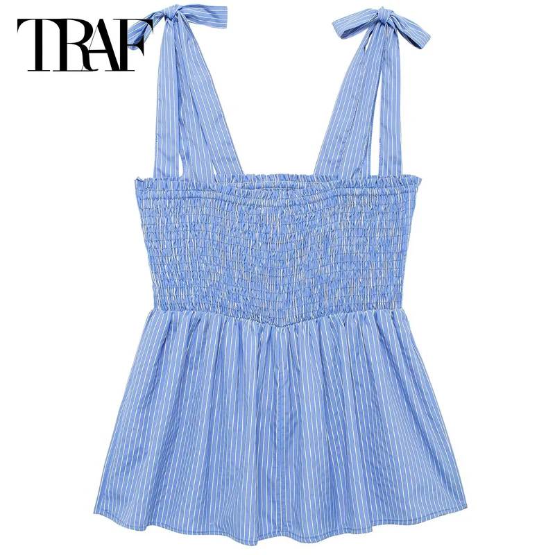 TRAF Women Bow Striped Tops With Straps Women Top Summer 2024 Ruffled Strappy Sleeveless Backless Tops Ladies Streetwear Tops