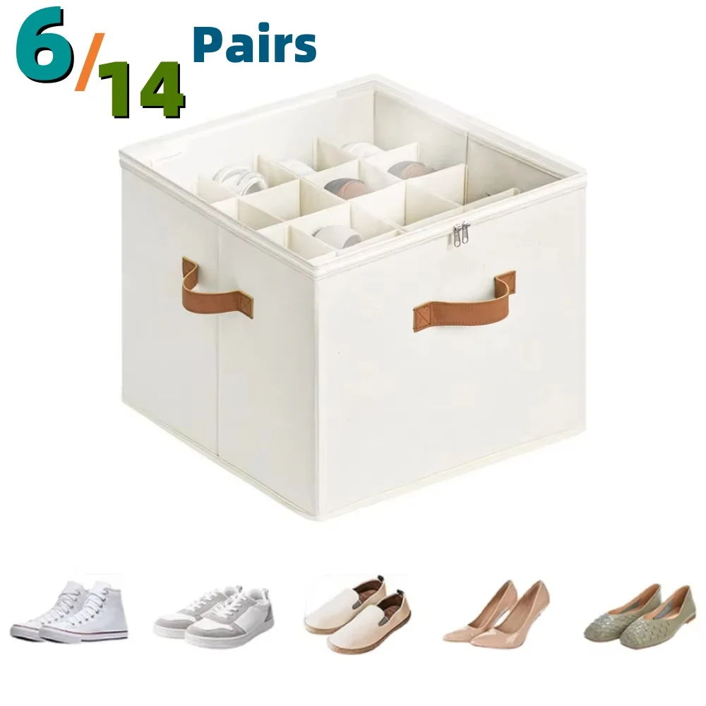 Shoe Organizer, Fabric shoe hanger with Cover, Adjustable Dividers for Shoe storage drawer Box Container  Cube Box Fits 14 Pairs