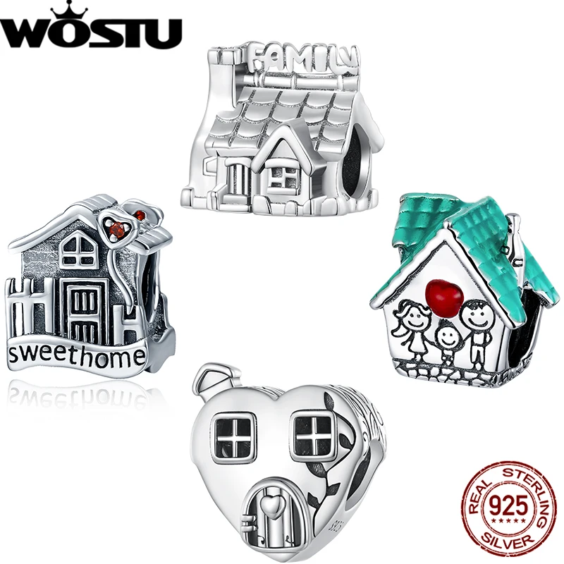 WOSTU 925 Sterling Silver Classic Family House Charm Sweet Life Love Beads Fit Original Bracelet Bangle DIY Fine Jewelry Gifts