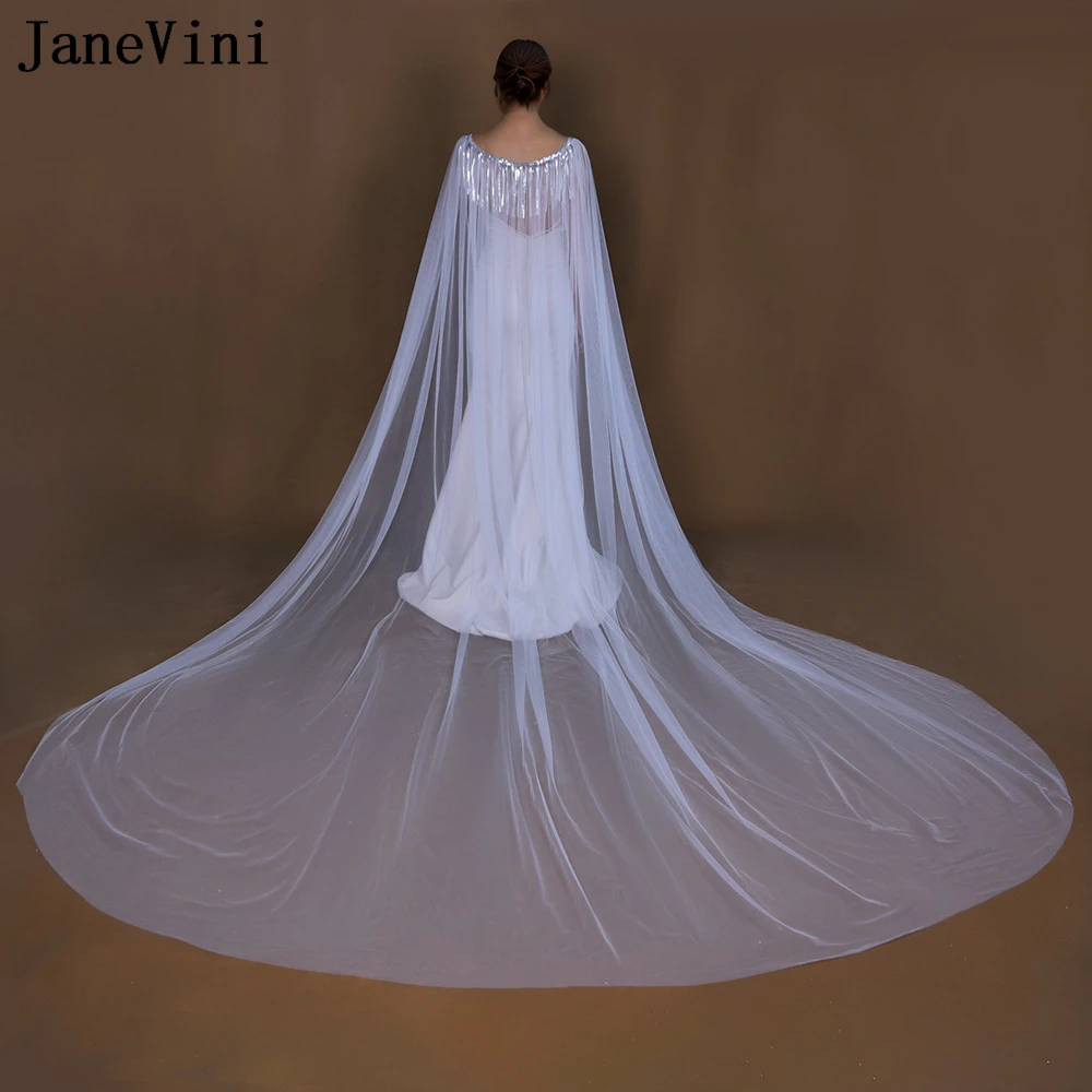 JaneVini Shiny Sequins Bridal Wedding Wrap Cloak Long Capes Shawl Tulle White/Ivory Shrugs Braut Bolero Para Vestido De Festa