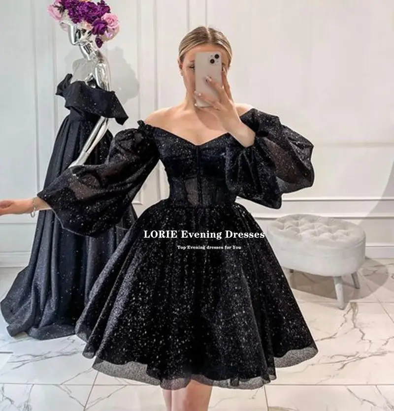 LORIE Black Short Evening Dresses 2022 Formal Gliiter Tulle Prom Party Gowns Strapless Puff Sleeves A-line Beach Princess Dress