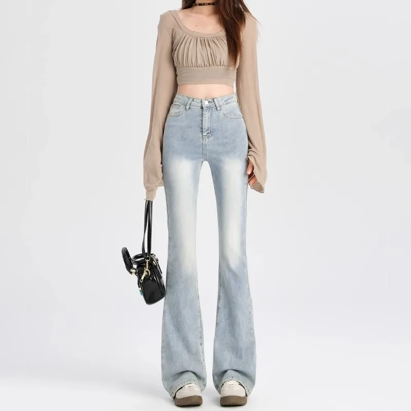 

High Waist Slimming Skinny Jeans Women's Light Wa Bell Bot Elastic Cotton Denim Blue Ankle Length Autumn Wear