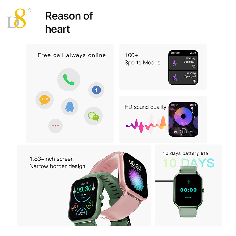 ساعة ذكية D8 بشاشة لمس 1.83 بوصة مقاومة للماء 100+ رياضية/إطارات/تشغيل الموسيقى/هدية للنساء/هدية عيد الحب