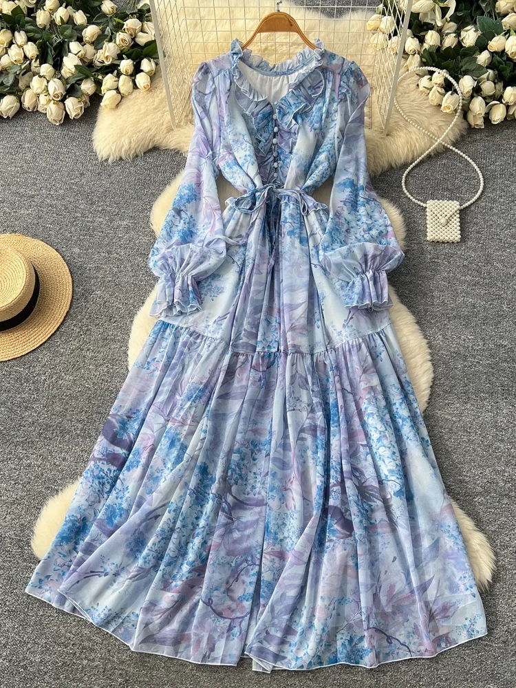 فستان نسائي طويل بطبعة زهور، خصر ضيق، تصميم A-Line، فستان ماكسي صيفي للعطلات، خصر عالي، مصنوع من البوليستر