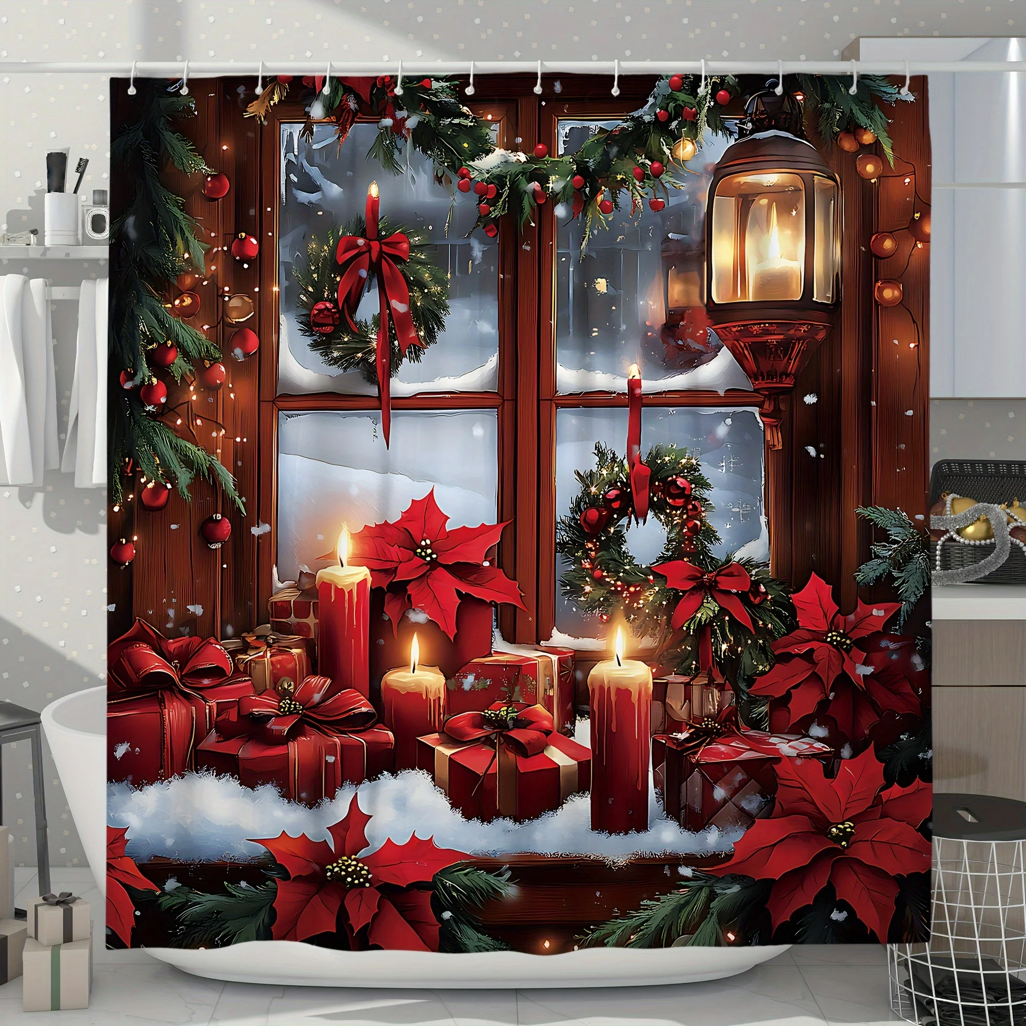 4PCS Christmas Shower Set, Wreath Window Winter Scene Red Print, 12 Hooks, Non-Slip Mat, U-Seat Cover, Holiday Decor