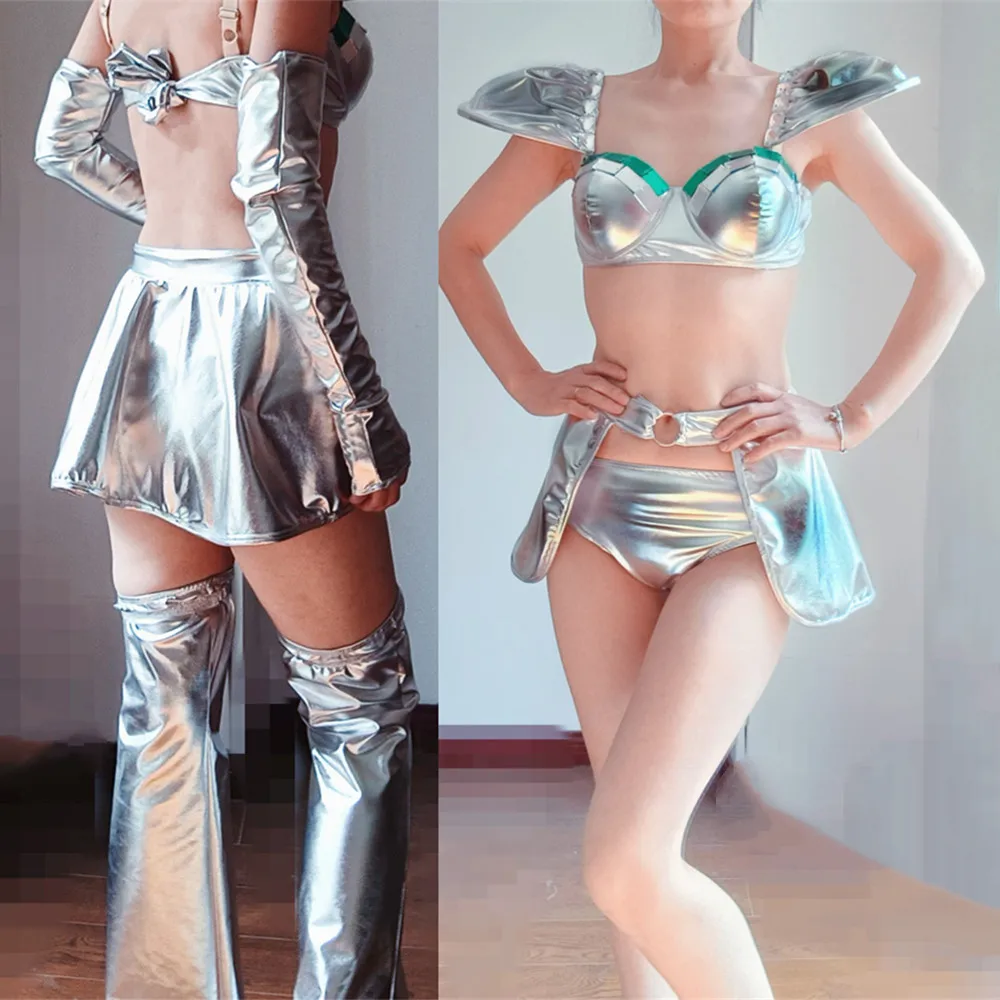الفضة الليزر مرآة بيكيني تنورة صغيرة الرقص الزي مثير المرأة راقصة المغني ملهى ليلي مرحلة الأداء زي نادي حفلة الهذيان