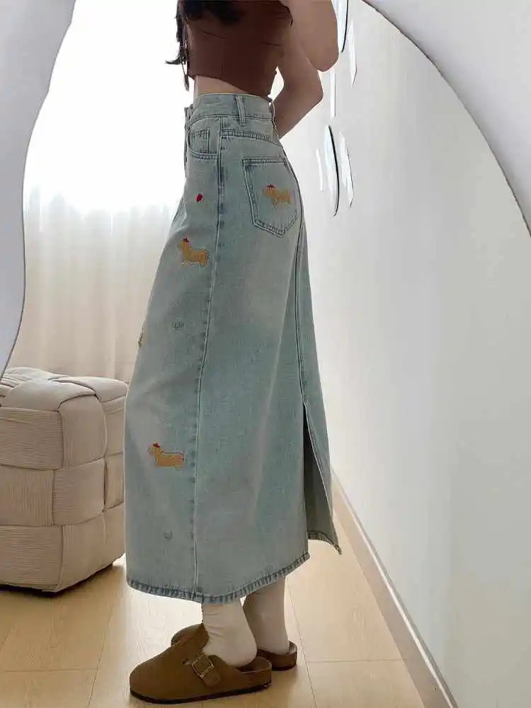 Oversized S-3XL Retro Dog Embroidered Cowboy Skirt Women Spring/Summer High Waist Back Split Design Sense Denim Midskirts