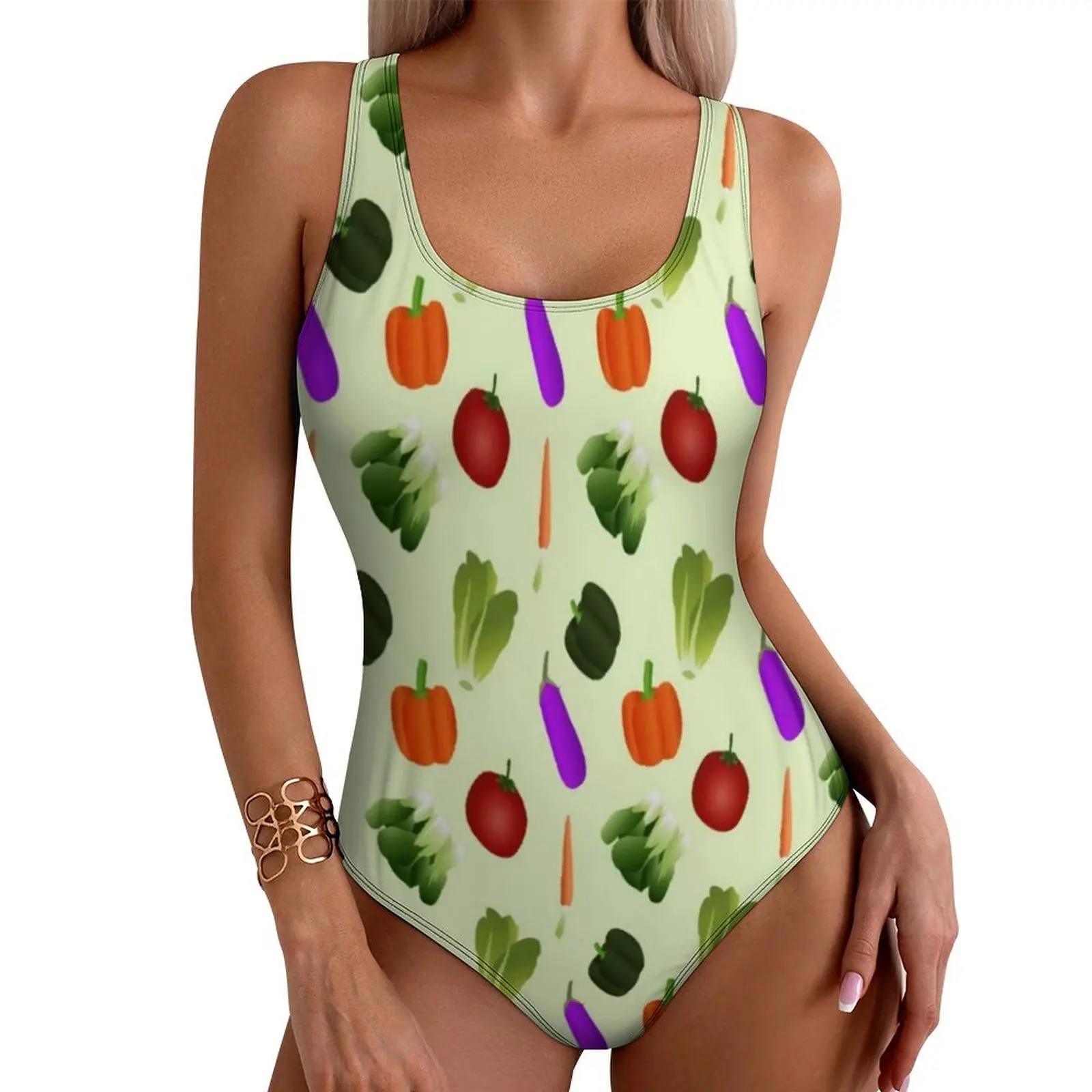 World Vegetarian Day Swimsuit Vegetables Print One Piece Swimwear Push Up Vintage Monokini Sexy Sport Graphic Beachwear