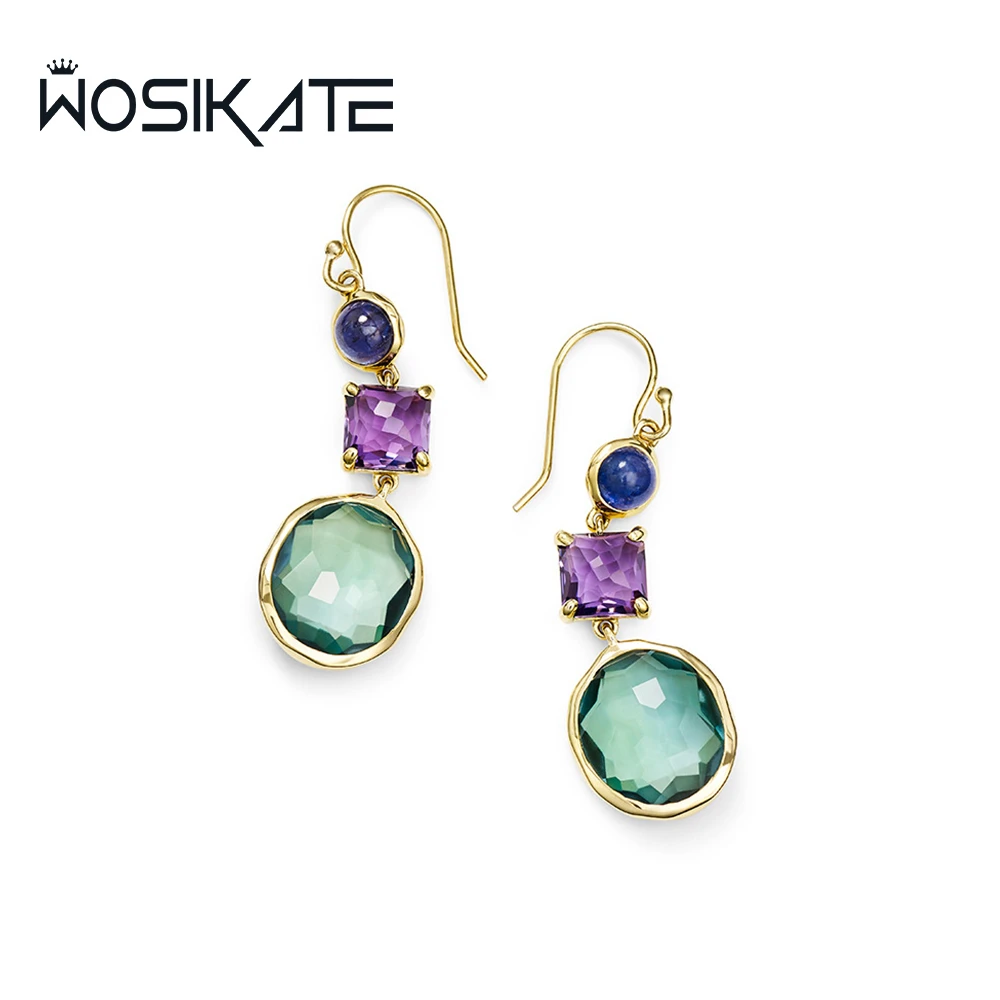 WOSIKATE Trendy Geometric Amethyst Drop Earrings For Women 925 Silver With 18K Yellow Gold Plated Fashion Jewellery Ear Hooks