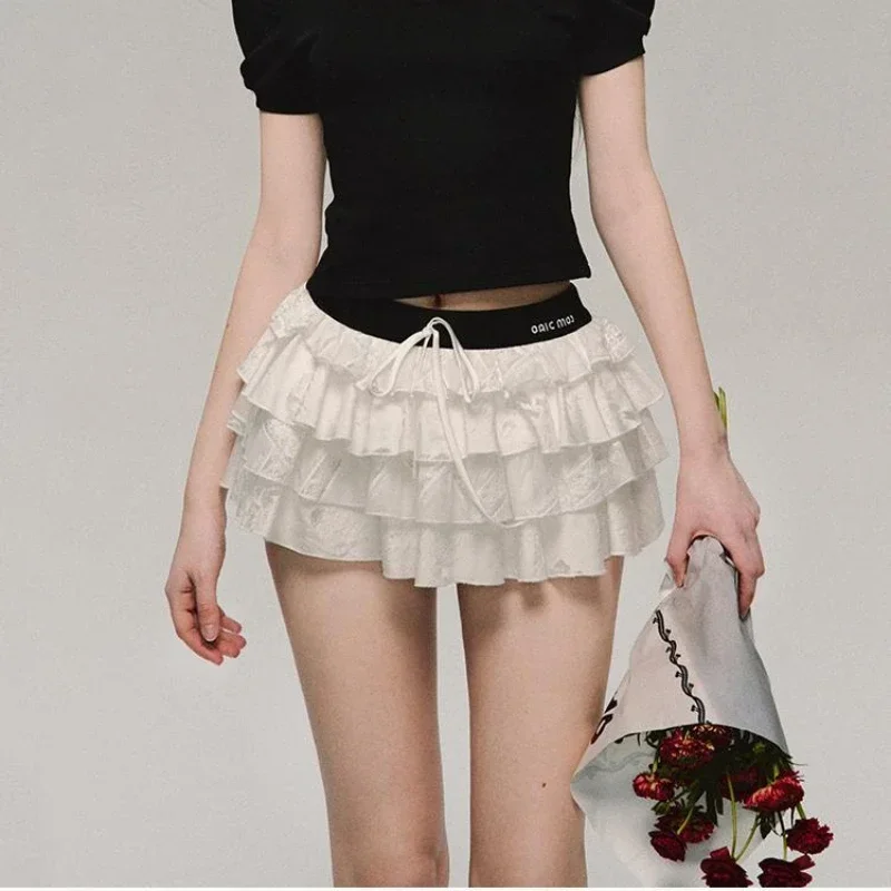 

Deeptown Kawaii Coquette Mini Skirt Sexy Cake Fairycore Pleated Short Skirts White Lace Up Ruffle Casual Layered Patchwork Skirt