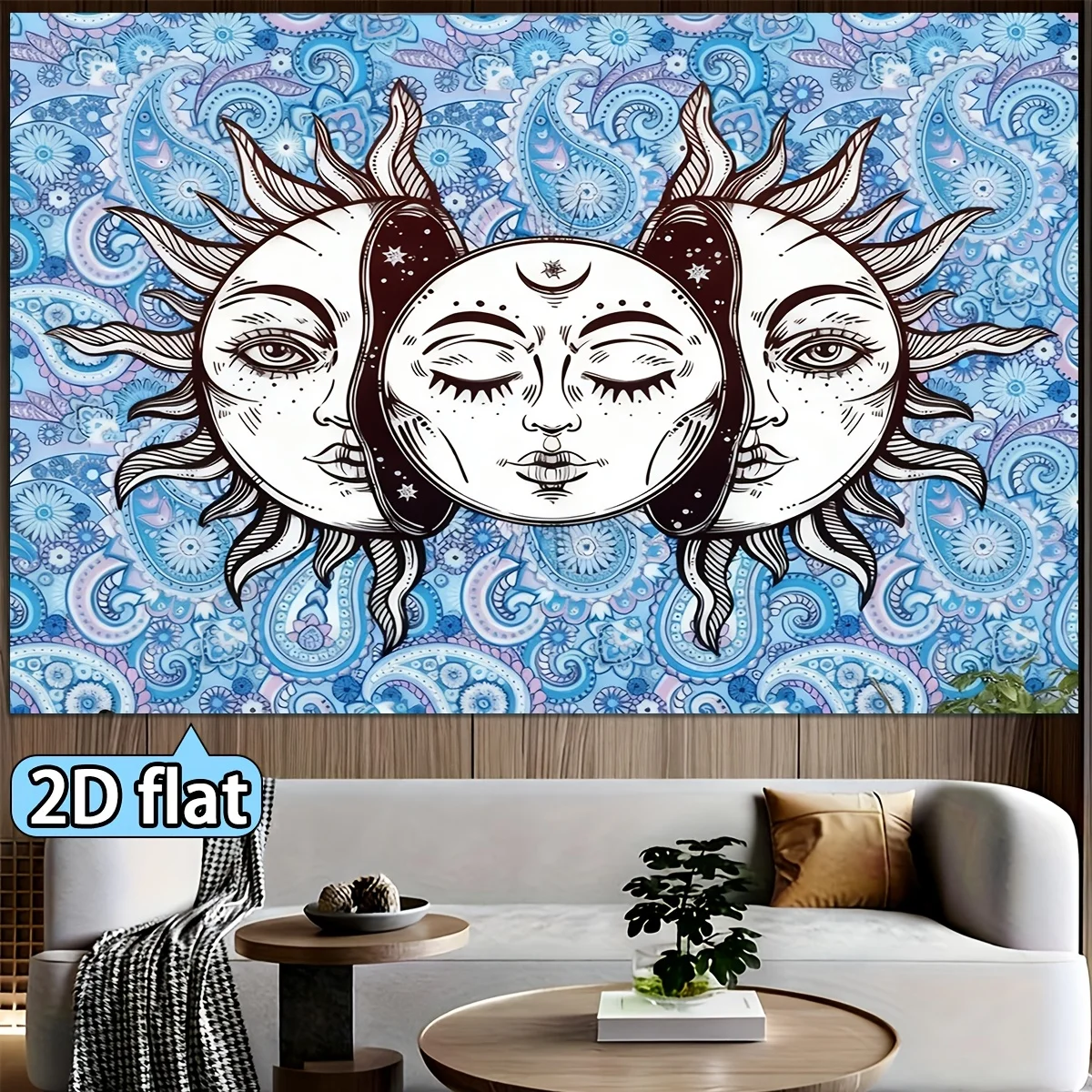 Boho Sun Moon Tapestry, Sun Moon Faces Blue Paisley Ornament Retro Mysterious Spiritual Art Wall Tapestry for Room Wall Decor