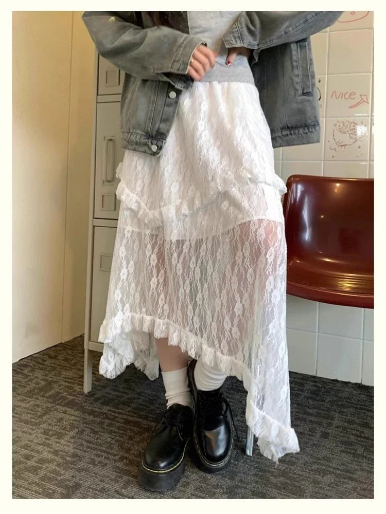 

Summer Lace Mesh Skirt High Waist Y2k Style Sweet Retro High Street Fashion Irregular Design White Cake Skirt for Women