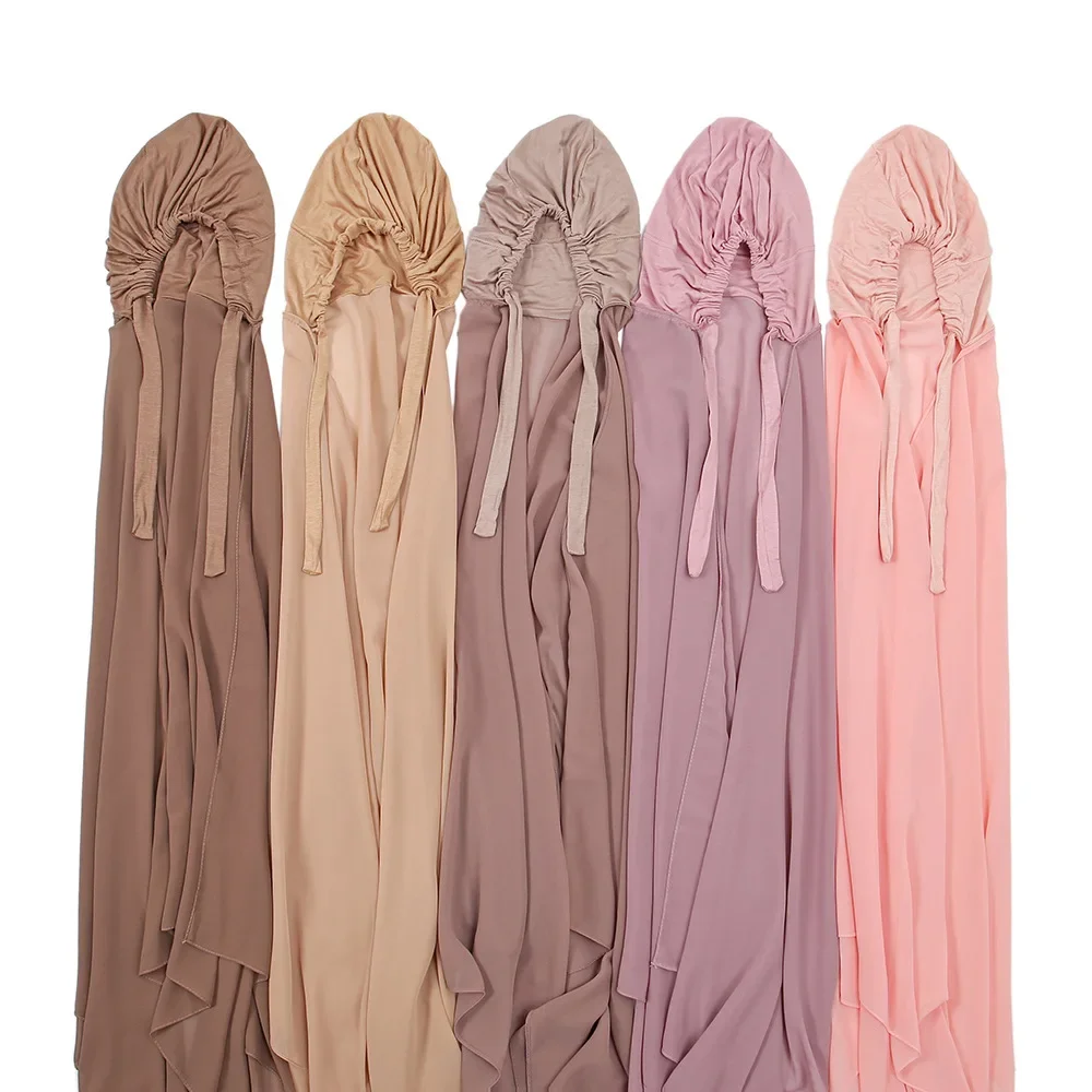 Pin Free Instant Chiffon Hijab Scarf with Undercaps Muslim Women HIjabs with Inner Caps Underscarf Caps Islam Headscarf