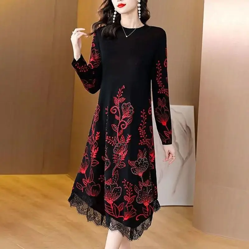 Autumn Winter Women\'s Korean Fashion Print Lace Patchwork Elegant Knitted Dresses Ladies Long Sleeve Loose Irregular Midi Dress