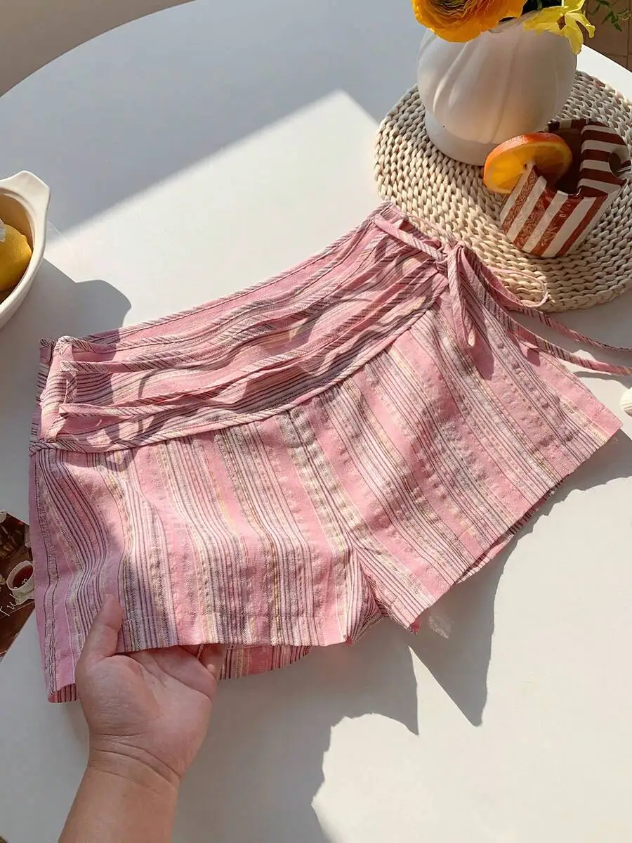 

Women Striped Knotted Casual Shorts For Beach Vacation Festival Summer Outfit