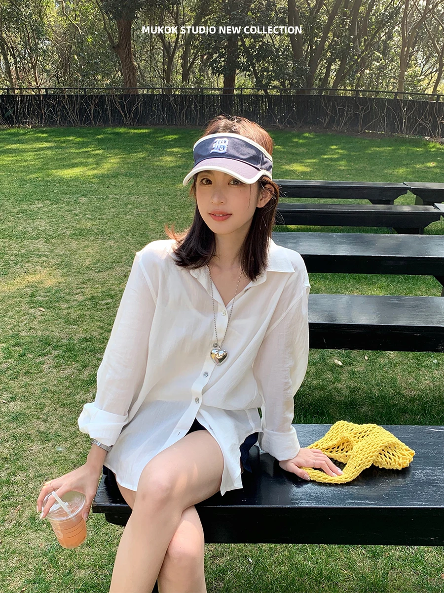 

MUKOK Sea Salt Milk Sugar Long Sve Loose Fit Sun Protection irt Linen Blend Ne Regular Length Color