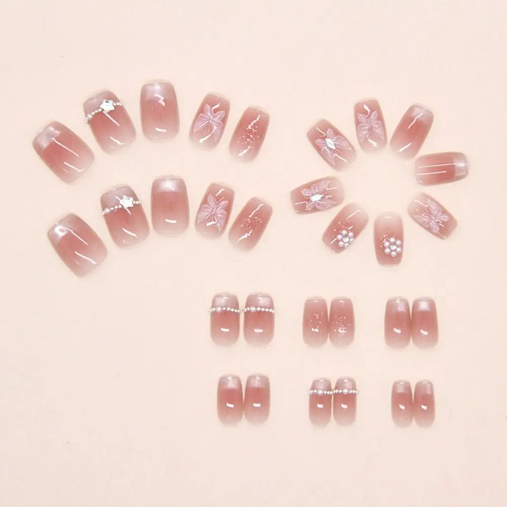 

24pcs Manicure Square False Nails French Shining Cat Eye Fake Nials Pearl Chain Stars Detachable Press on Nails DIY