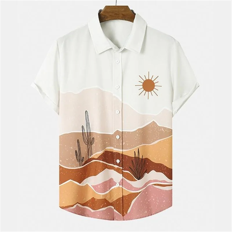 Cactus Desert Landscape 3d Print Shirts Men Fashion Shirt Short Sleeve Casual Shirts Single-Breasted Shirt Men\'s Clothing