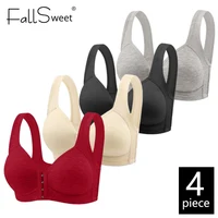 Fallsweet 4PCS Sujetador con cierre frontal sin aros para mujer Sólido Cobertura total Copa fija Sujetador cómodo para mamá de mediana edad