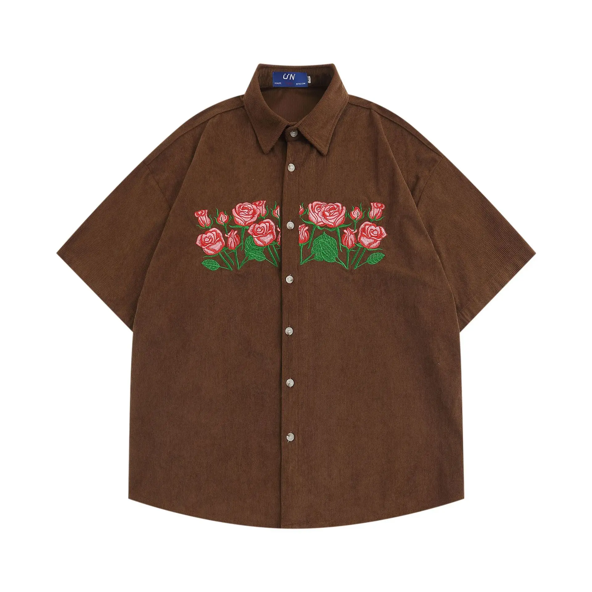 2024 New Summer American Retro Rose Embroidered Short Sleeve Shirt Loose Corduroy Specialty Shirt Coat