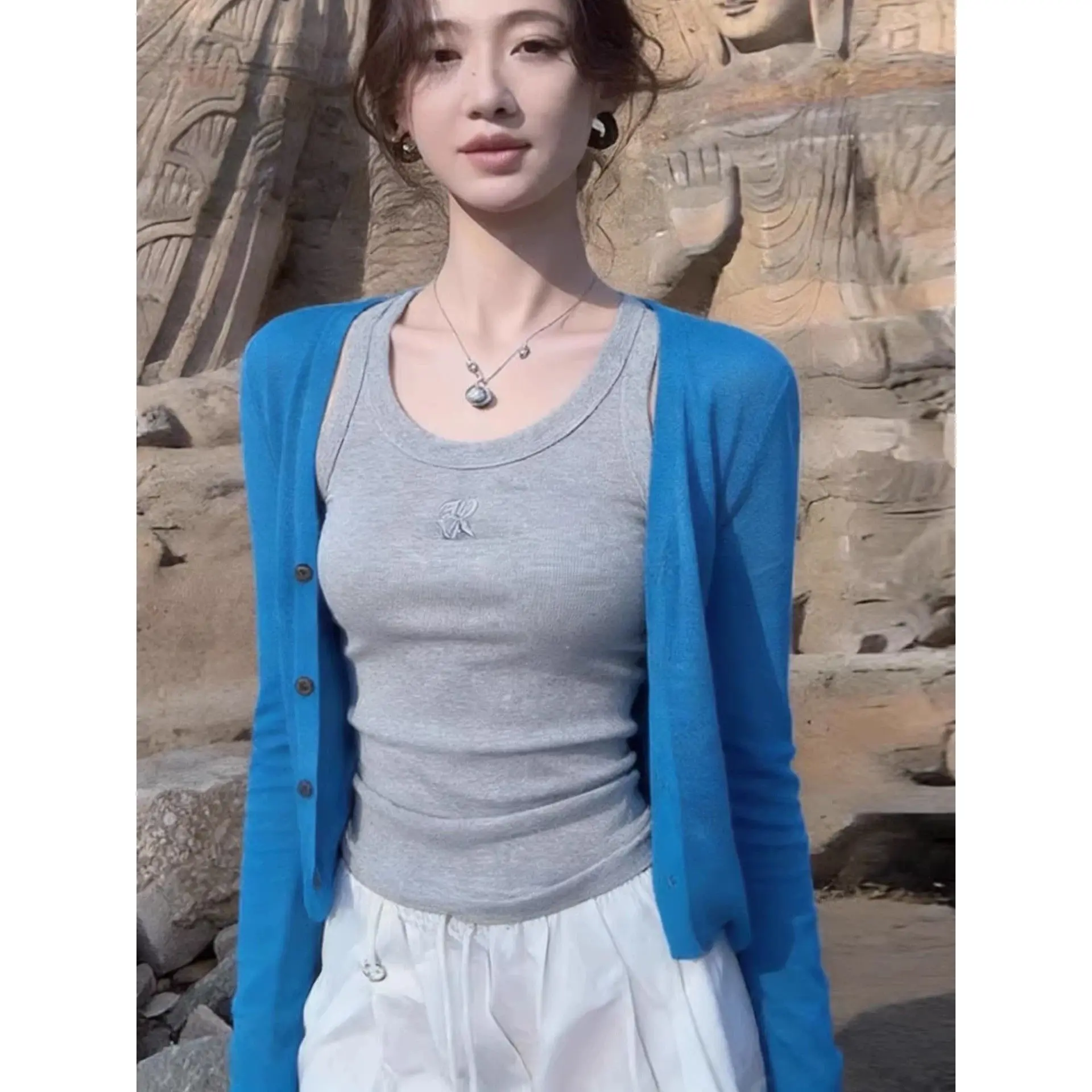 

Klein Blue Ice Silk Knitted Cardigan Women's Summer Thin Short V-Neck Top Early Spring Outerwear Korean Style Slim Fit Long S...
