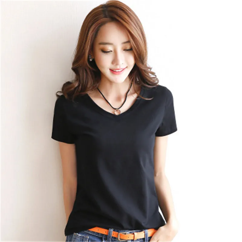 Solid Women T-shirt V-Neck Short Sleeve Female Tee Slim White And Balck T-Shirt Casual Solid Lady Tshirt Tops