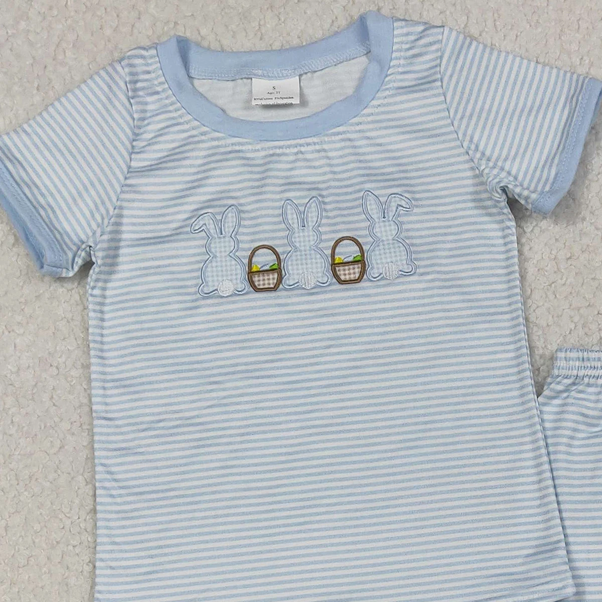 12.1 أرنب عيد الفصح سلة البيض الأزرق المشارب الأطفال بيجامة مجموعة قصيرة الأكمام السراويل الطويلة ملابس خاصة مع التطريز للأطفال