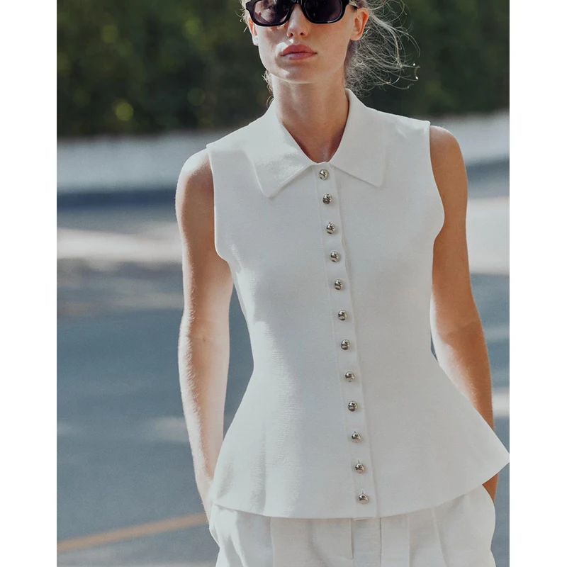 Novedad de verano, falda acampanada con cuello Svel para mujer, chaleco tejido, Top de fibra de poliéster 00% Color puro para ir al trabajo