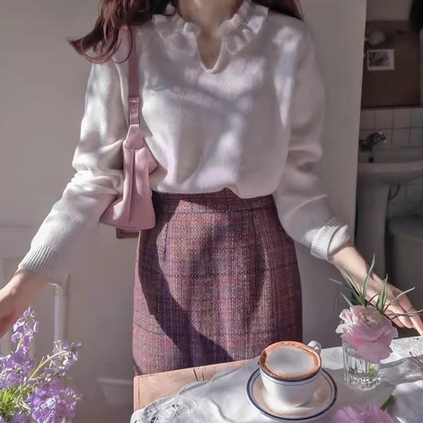 Macio e aconchegante emenda orelha de madeira cor pura camisola de malha feminina ajuste solto outono inverno versátil malha superior anti-envelhecimento