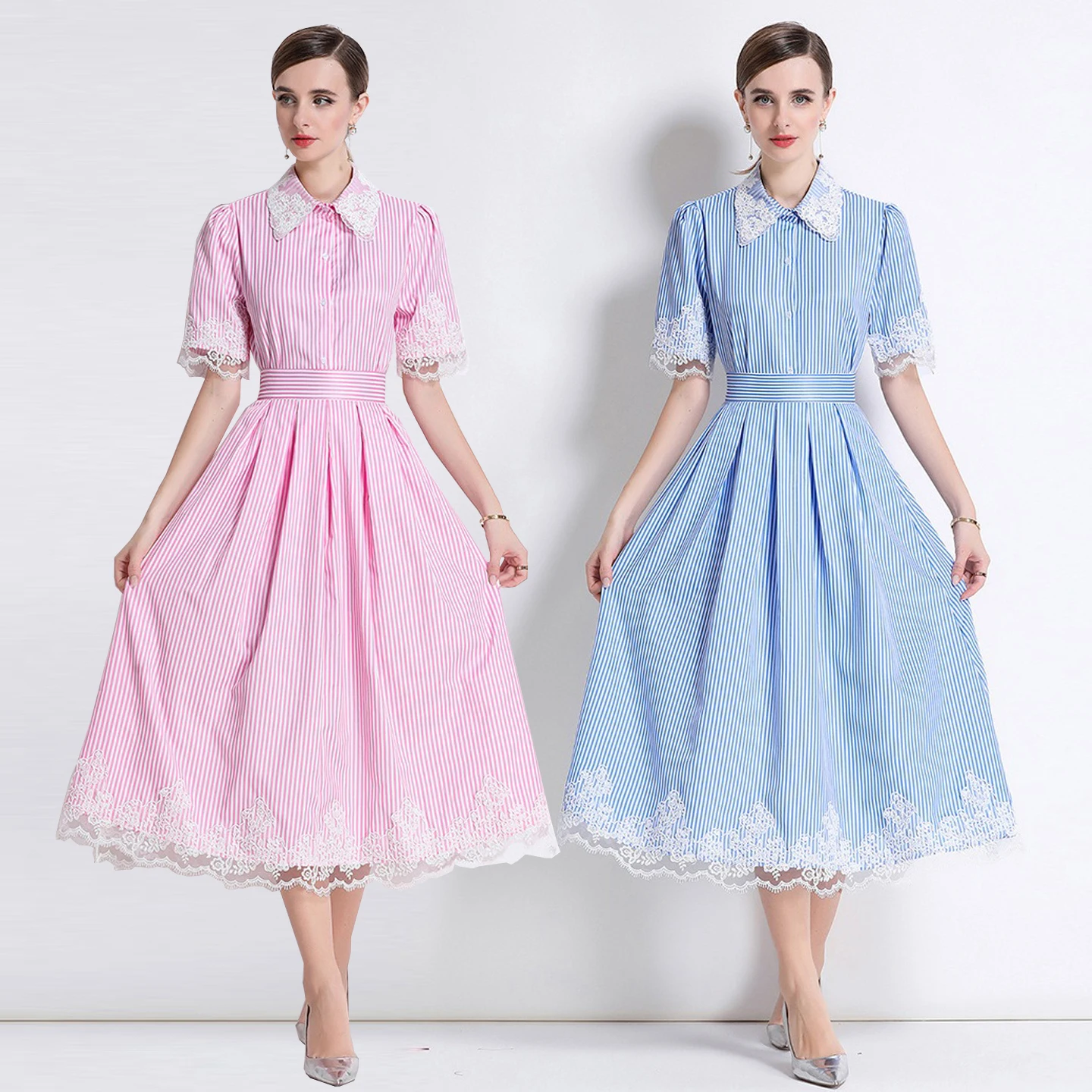 

Summer Lace ort Sve Striped irt And A-Line Skirt Set Women's Faionable Celebri Outfit Polyester Blend Skirt