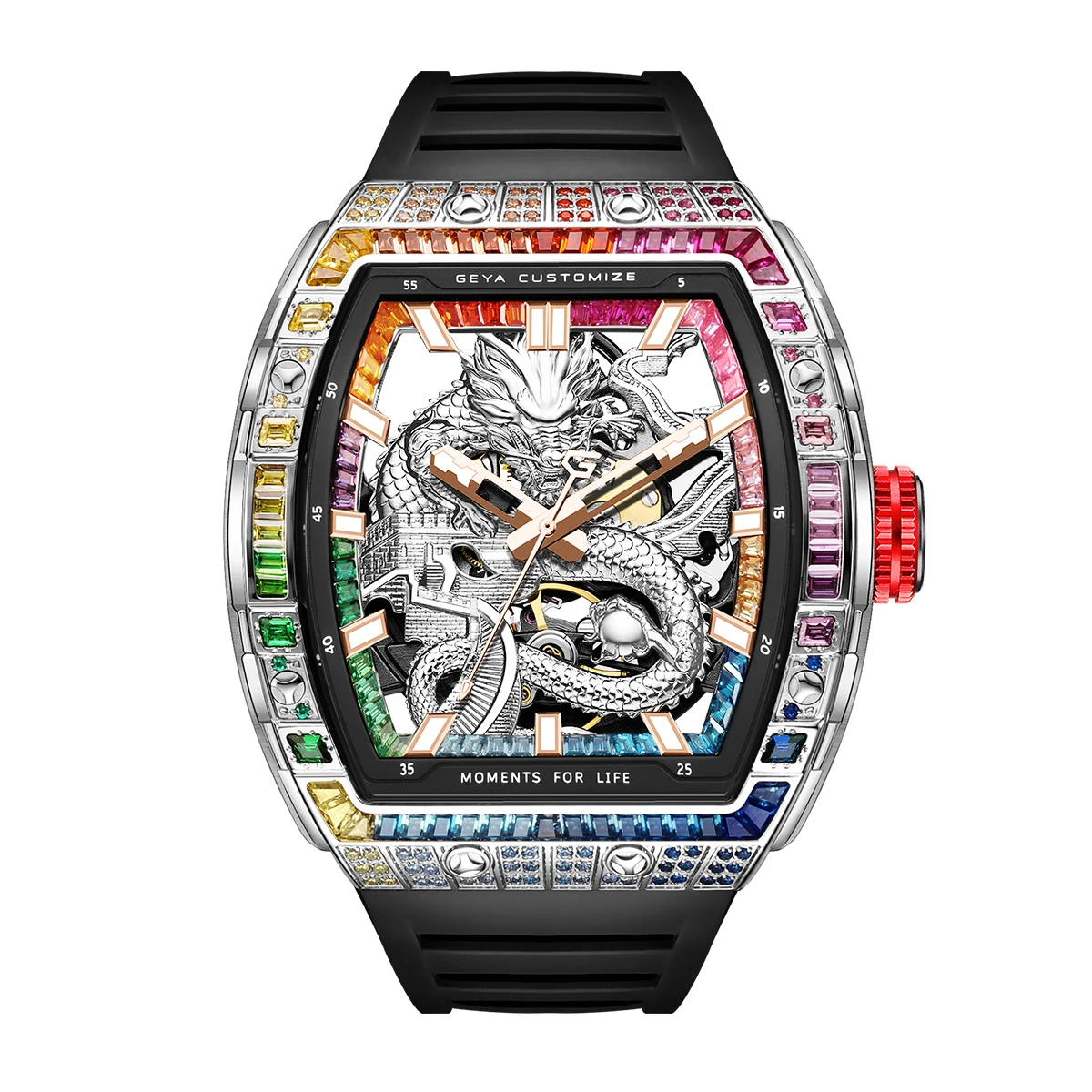 

GEYA Dragon Automatic Mechanical Men’s Watch, Skeleton Dial with Multi-Color Diamonds Tonneau Chinese loong Analog Watches 78175