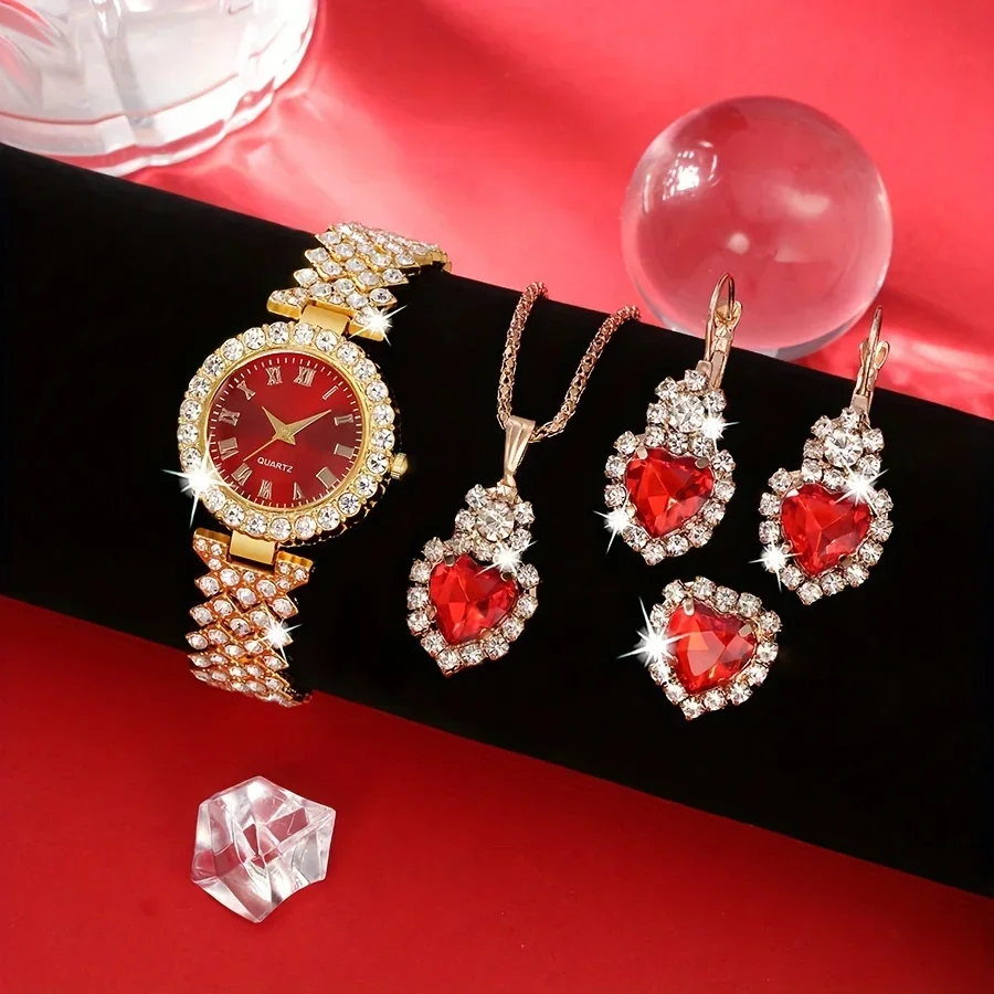 5pcs/set Luxury Ladies' High-End Diamond-Encrusted Steel Chain Watch with Fashionable Small Dial