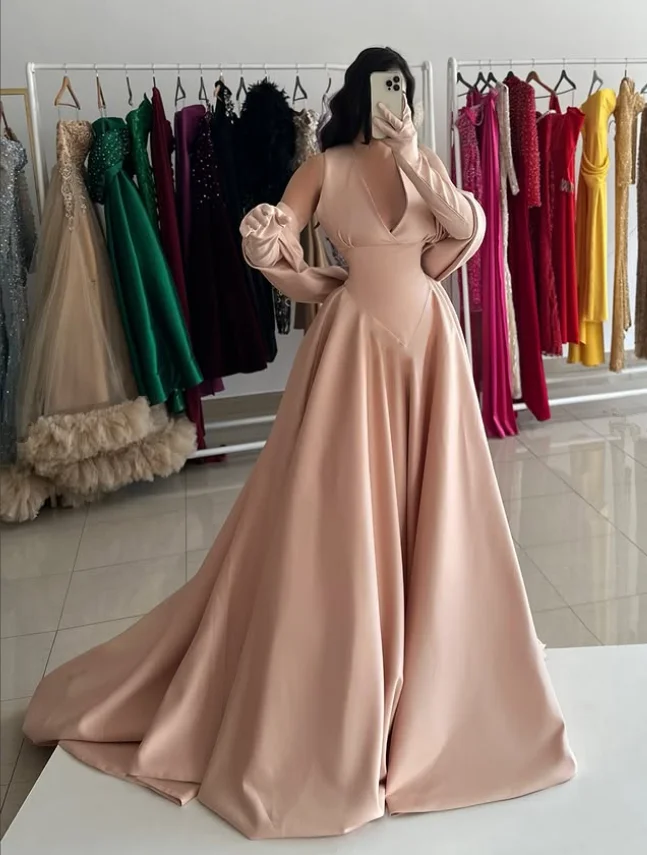 ヌードピンクのセクシーなVネックプロムフォーマルドレス、ラップ付き長袖、シャーリング付き中東イブニングオケージョンガウン衣装、カスタムサイズ