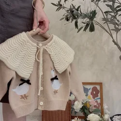 Autumn Korean Girls Knitting Shirt New Children Casual Embroidery Striped Lovely Cardigan Sweater Childrens Clothing