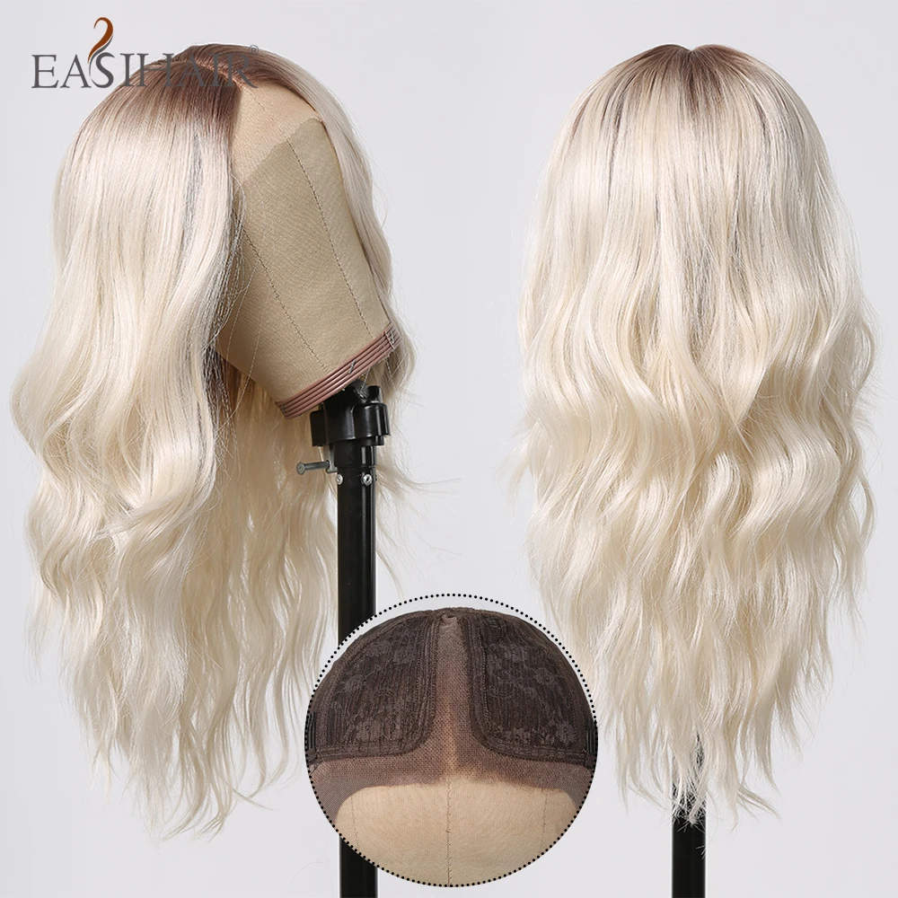 Light Platinum Blonde Synthetic Lace Wigs Long Body Wave T Part Lace Wigs with Dark Roots for Women Daily Cosplay Heat Resistant