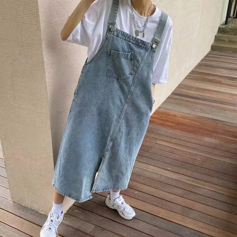 Vintage Preppy Style Sleeveless Jeans Dresses a-Line Loose Denim Overalls Skirt Pocket Solid Suspender Skirt Denim Summer