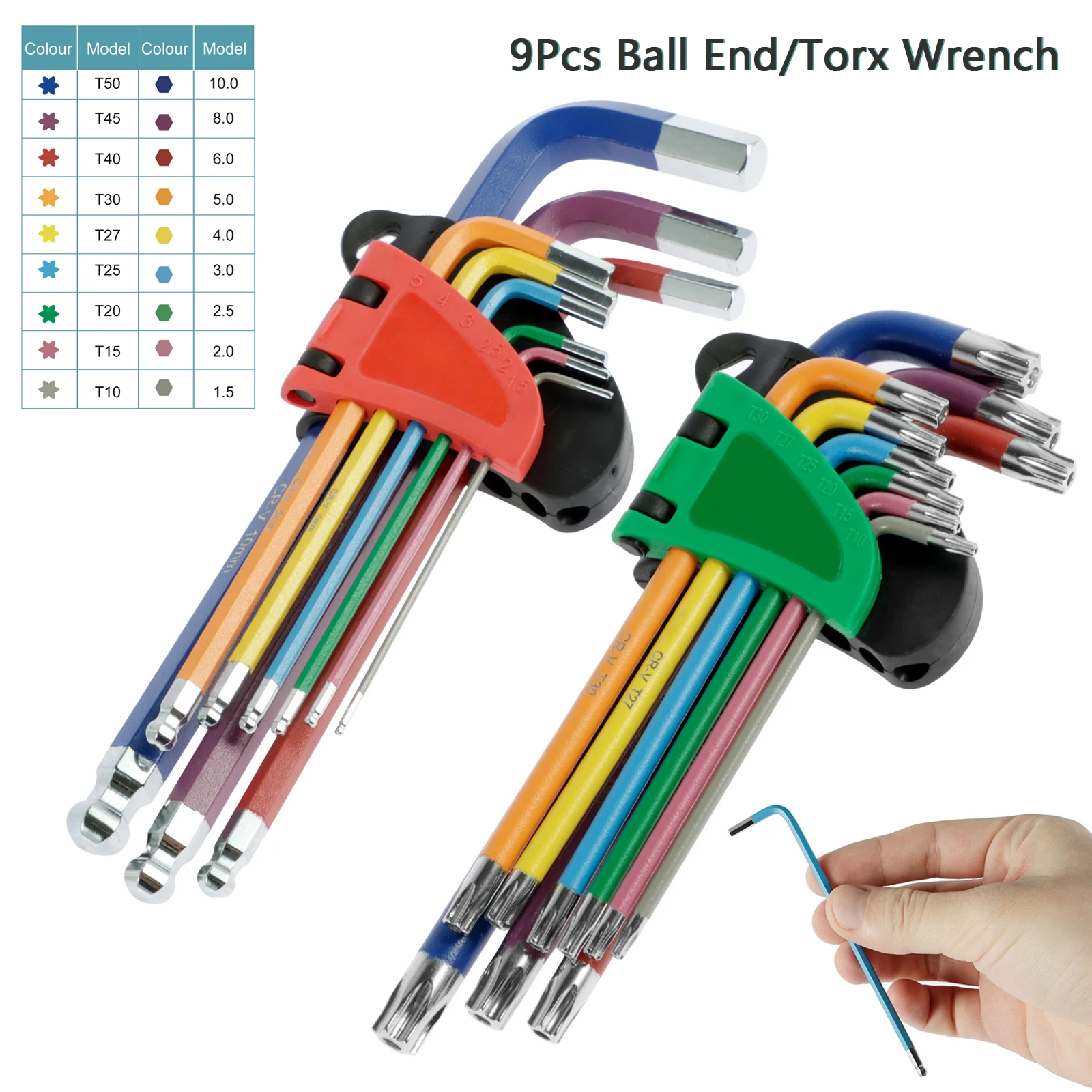 9/18 Pcs L Allen Key Set T10-50 Torx Key and 1.5-10 mm Metric Ball End Wrench Set with Color Code and Size Marking for Repairing