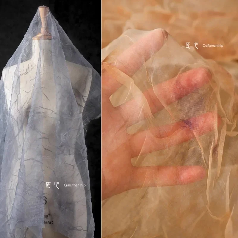 

Water Ripple Pleated Fabric Spray Dyed Semi Transparent Creative Clothing Designer Cloth Sewing Meters Pure Polyester Material