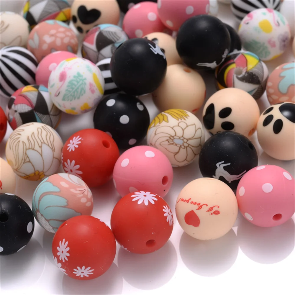 10Pcs 15mm Silicone Printed Beads Round Heart Flower Teether Beads For Jewelry Making DIY Pacifier Chain Bracelet Accessories