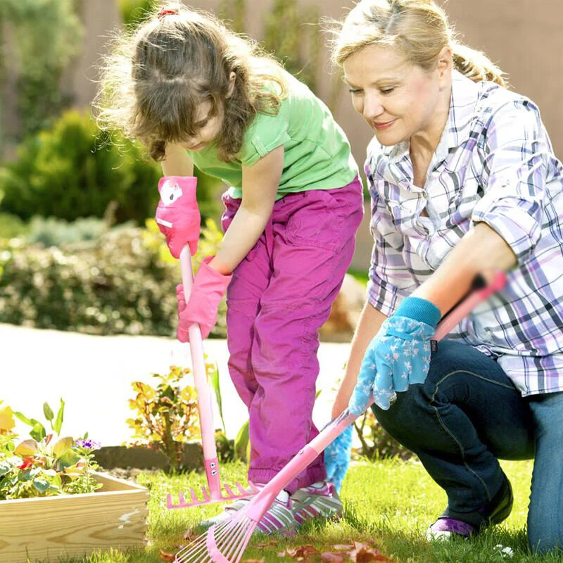 1/4 szt. Mini Zestaw Narzędzi Ogrodowych Zabawka Grabie Spadochronka Motyka i Grabie do Liści Odłączane Rękojeści z Prawdziwego Drewna Łatwe w Użyciu do Zbierania Liści na Trawniku
