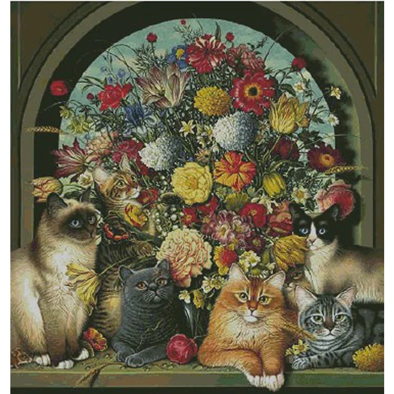 Amishop Free Delivery Top Quality Lovely Counted Cross Stitch Kit 6 Cats Kitties And Flower Flowers Six Cats