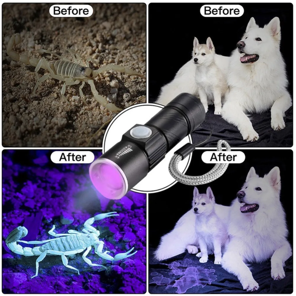 395Nm UV Light Flashlight Blacklight USB Rechargeable LED Flashlight Waterproof Inspection Pet Urine Torch Lamp