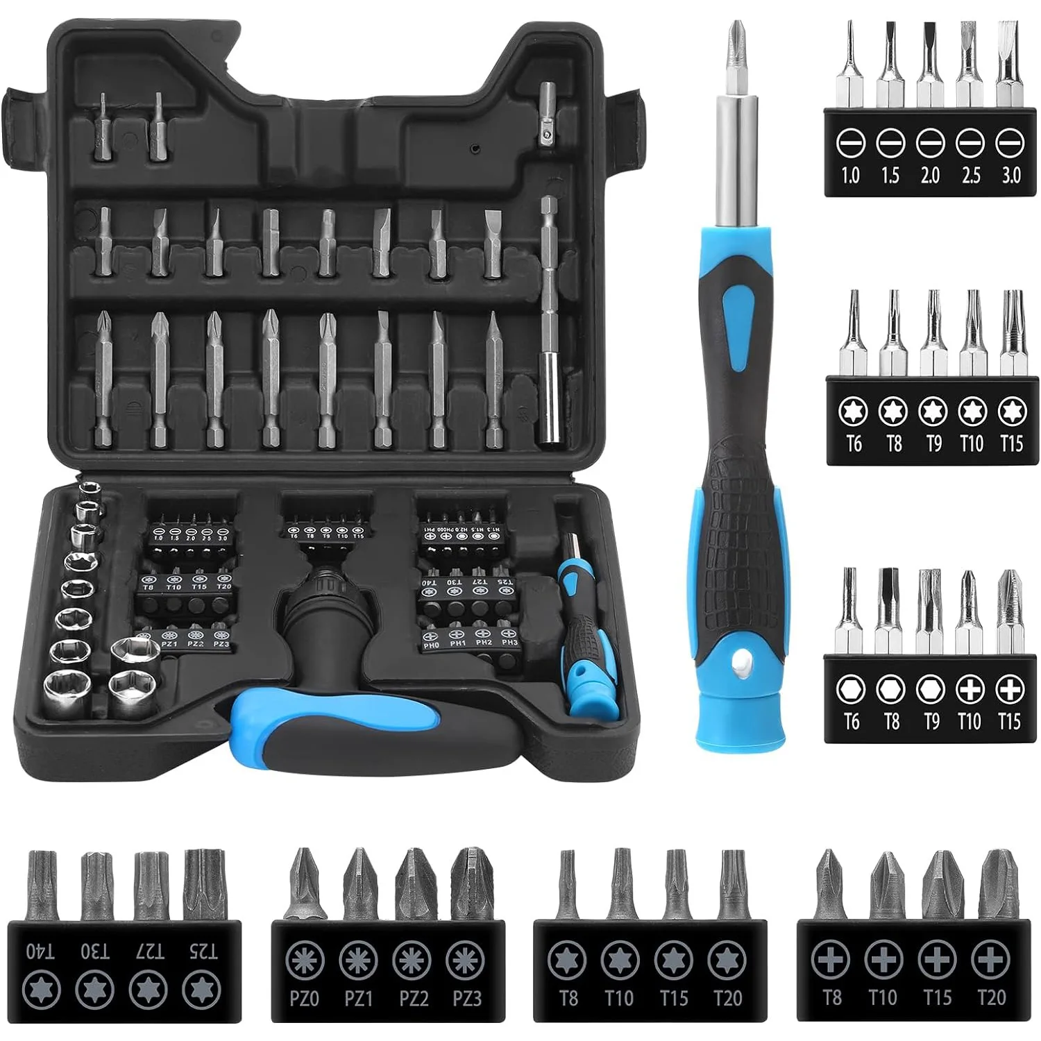 63-Piece Ratchet Wrench Set Multi-Functional Screwdriver with Flat-Head Phillips Hexagonal & Square Handles for Home Repair