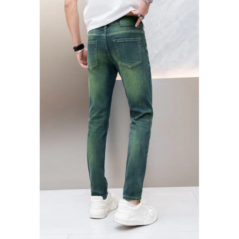 2024 New emerald green fashion jeans men's light luxury high-end fashion elastic fitted all-matching casual skinny trousers